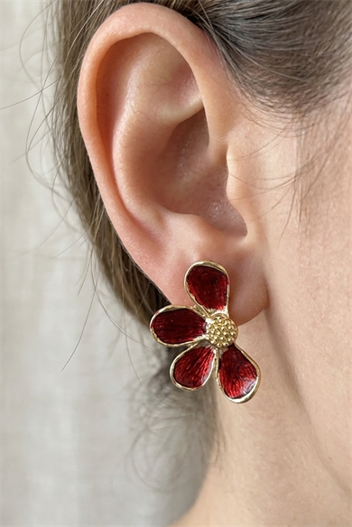 Altın Ve Kırmızı Renk Çiçek Figürlü Küpe (Çift)