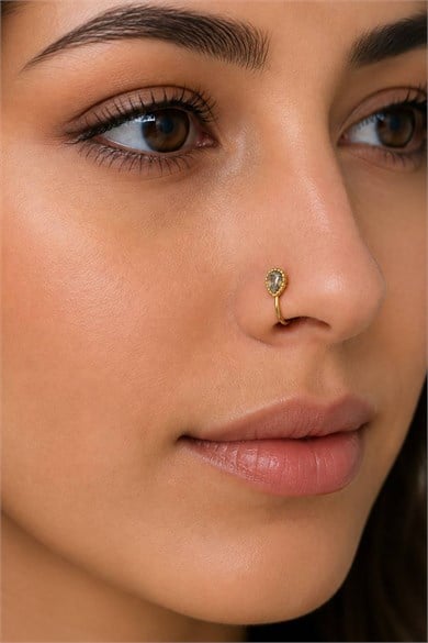 Altın Renk Taş Detaylı Cerrahi Çelik Deliksiz Kulak/Burun Piercing 