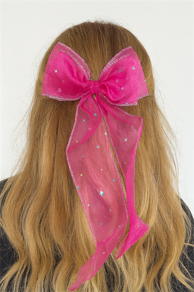 Fuşya Renk Yıldız Detaylı Kurdele Otomat Toka