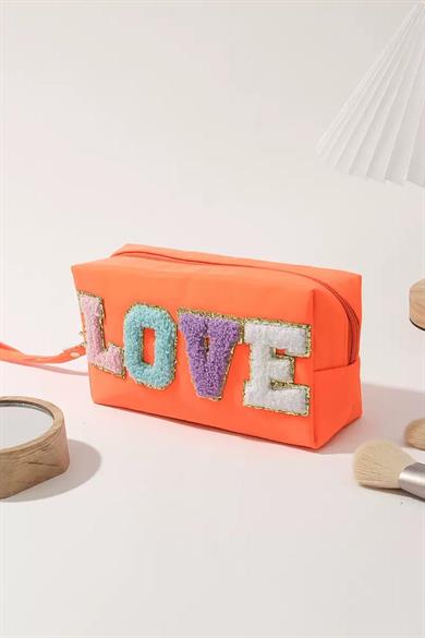 Turuncu Renk Love Detaylı Makyaj Çantası