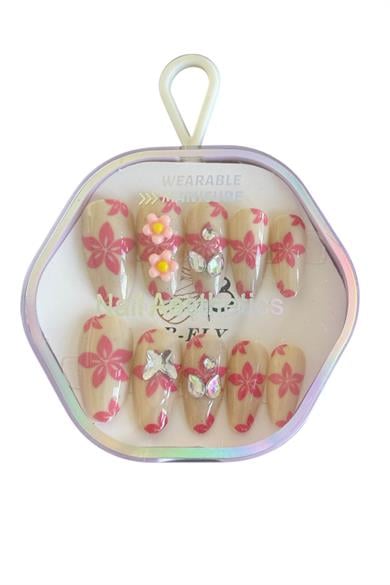 10lu Pembe Ve Krem Renk Çiçek Figürlü Taş Detaylı Takma Tırnak Set (Yapıştırıcılı)