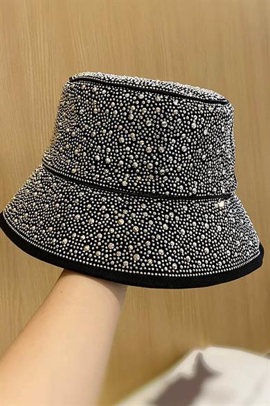 Siyah Renk Taş Detaylı Tasarım Şapka