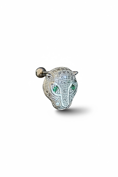 Gümüş Renk Kaplan Figürlü Taşlı Cerrahi Çelik Tragus/Kıkırdak Küpe/Piercing (Tek)