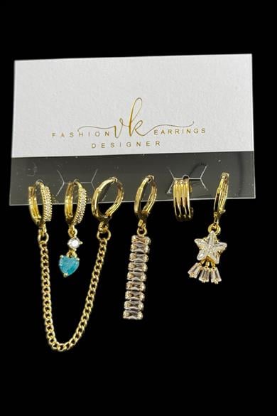 6lı Altın Renk Taş Detaylı Küpe Set