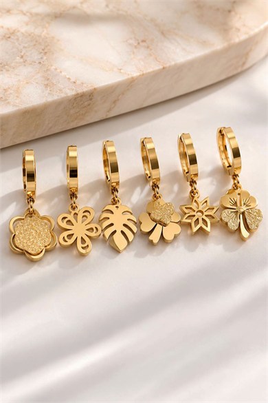 Altın  Renk 6lı Karışık Figürlü Çelik Küpe Set