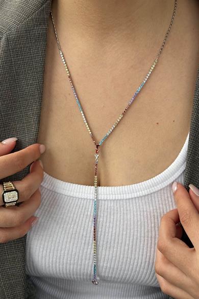 Gümüş Renk Taş Detaylı 14K Altın Kaplama VİP Y Kolye