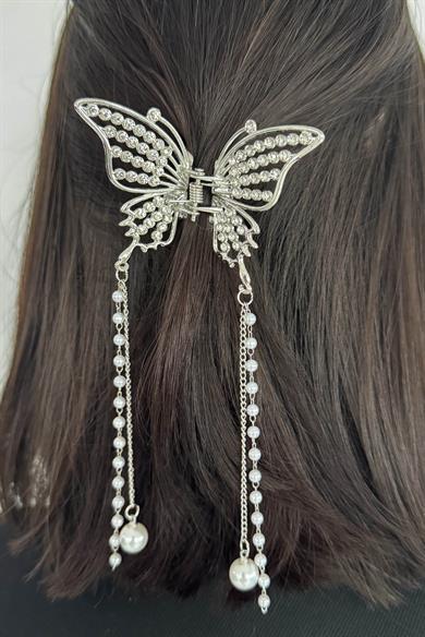 Gümüş Renk Kelebek Figürlü İnci Detaylı Sallantılı Metal Mandal Toka