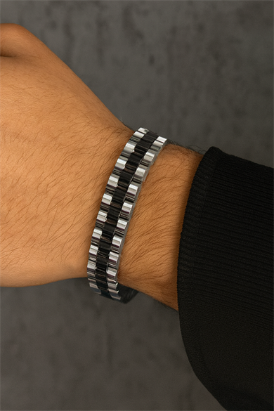 Gümüş Ve Siyah Renk Zincir Detaylı Çelik Erkek Bileklik
