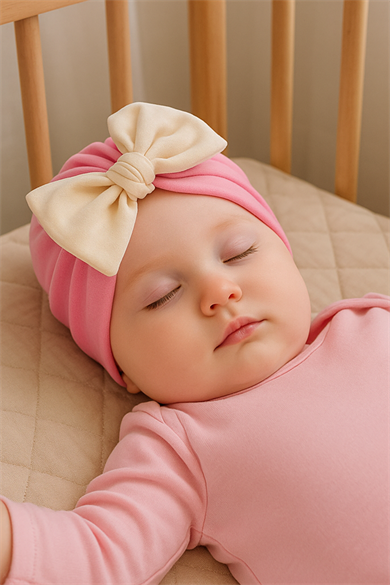 Pembe Ve Krem Renk Kurdele Figürlü Bebek Saç Bonesi