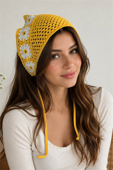 Sarı Renk Çiçek Desenli Örgü Saç Bandana