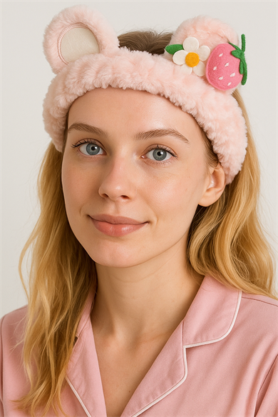 Açık Pembe Renk Çilek Figürlü Peluş Saç Bandı