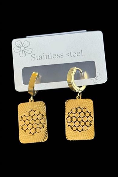 Altın Renk Yaşam Çiçeği Figürlü Çelik Küpe (Çift)