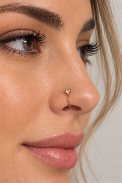 Altın Renk Taş Detaylı Cerrahi Çelik Deliksiz Kulak/Burun Piercing 