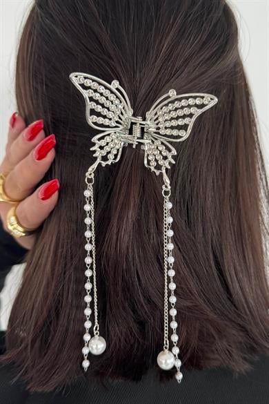 Gümüş Renk Kelebek Figürlü İnci Detaylı Sallantılı Metal Mandal Toka