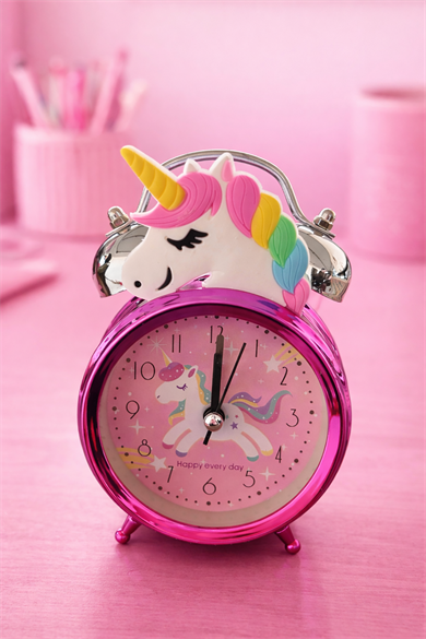 Pembe Renk Unicorn Figürlü Mini Dekoratif Işıklı Alarmlı Yuvarlak Masa Saati