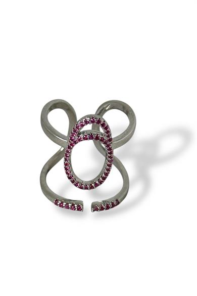 Gümüş Renk Pembe Taş Detaylı Ayarlanabilir Çelik Yüzük