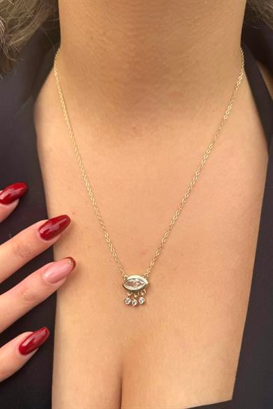 Altın Renk Göz Figürlü Taş Detaylı Altın Kaplama VİP Kolye