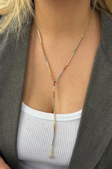 Altın Renk Taş Detaylı 14K Altın Kaplama VİP Y Kolye