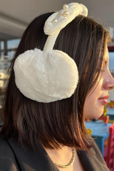 Krem Renk İnci Detaylı Kulaklı Çocuk Peluş Kulaklık