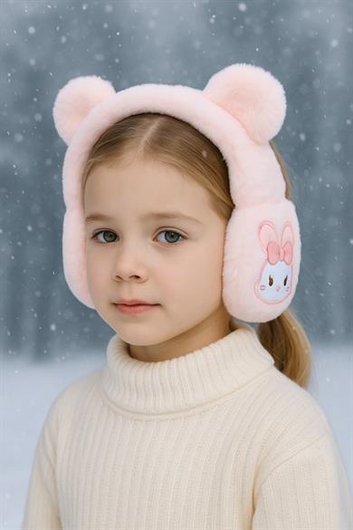 Açık Pembe Renk Tavşan Figürlü Peluş Çocuk Kulaklık