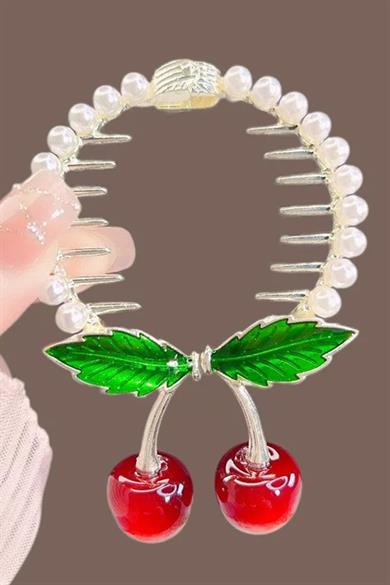 Altın Renk Kiraz Figürlü İnci Detaylı Sallantılı Topuz Tokası