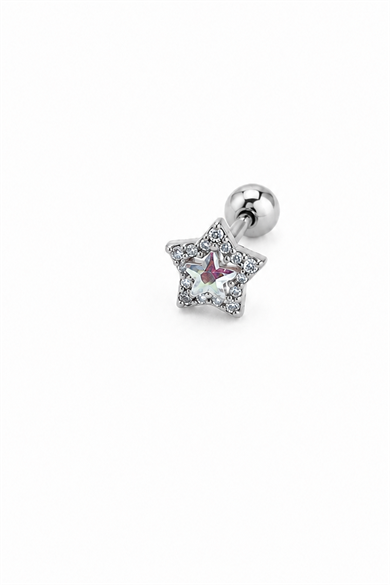 Gümüş  Renk Yıldız Figürlü   Taşlı Cerrahi Çelik Tragus/Kıkırdak Küpe/Piercing (Tek)