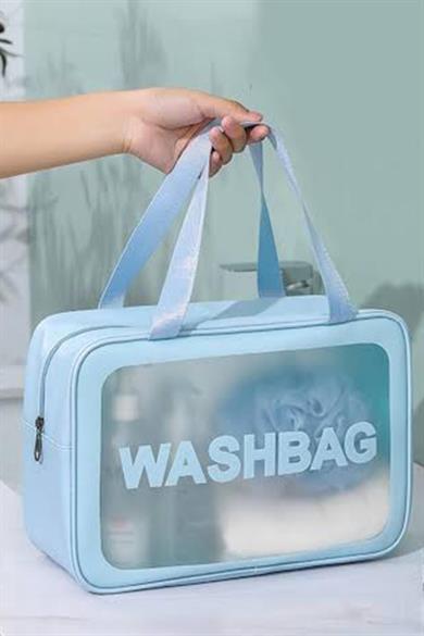 Mavi Renk Washbag Yazılı Su Geçirmez Büyük Boy Makyaj Çantası