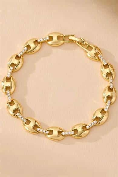 Altın Renk Taş Detaylı 14K Altın Kaplama VİP Bileklik