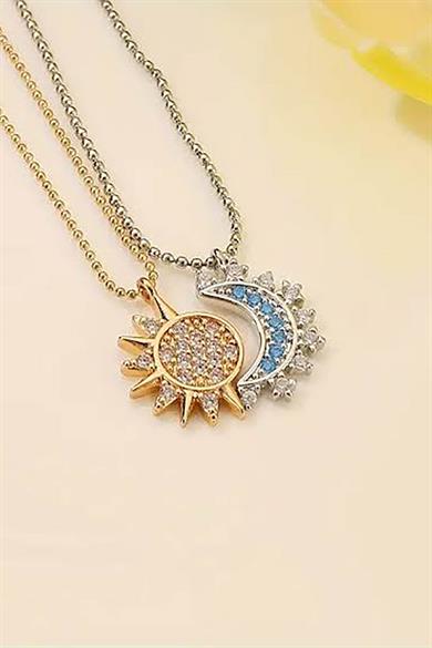 Altın Ve Gümüş Renk Ay Ve Güneş Figürlü İkili Çelik Çift/ Best Friend Kolyesi