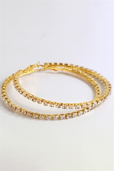 Altın Renk Taş Detaylı Halka Küpe 75Mm (Çift)