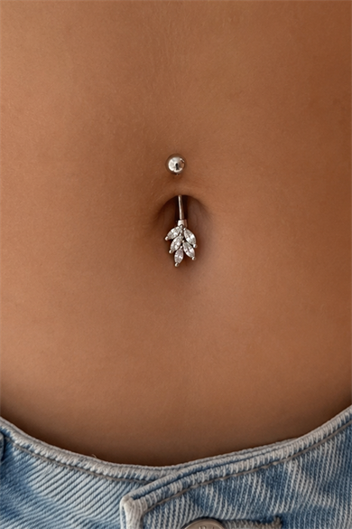 Gümüş Renk Yaprak Figürlü Taşlı Cerrahi Çelik Göbek Piercing