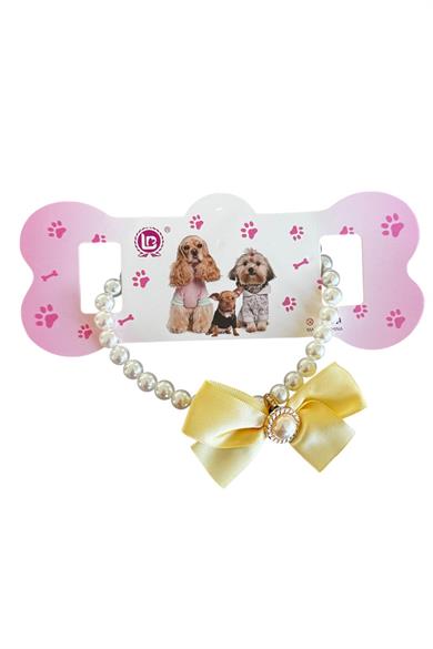 Beyaz Ve Sarı Renk Kurdele Figürlü İnci Detaylı L Beden Köpek Tasması