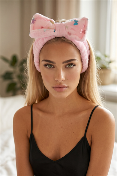 Açık Pembe Renk Kelebek Detaylı Kurdele Figürlü Peluş Saç Bandı