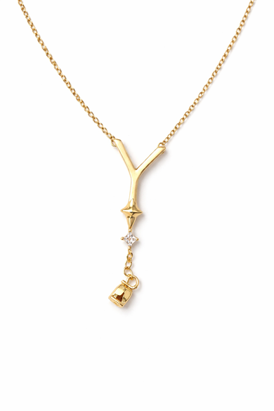 Altın Renk Y Harfli Taş Detaylı Çelik Kolye