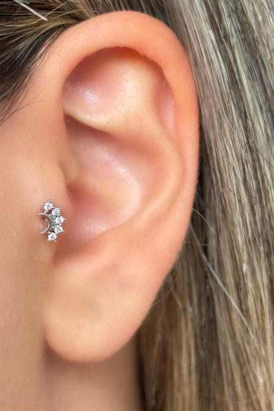 Gümüş Renk Taş Detaylı Çelik Tragus/Kıkırdak Küpe/Piercing (Tek)