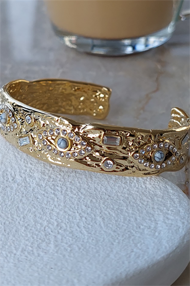 Altın Renk Göz Figürlü Taş Detaylı Çelik Kelepçe Bileklik