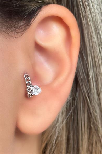 Gümüş Renk Taş Detaylı Çelik Halka Tragus/Kıkırdak Küpe/Piercing (Tek)