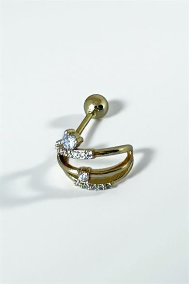Altın Renk Taş Detaylı Çelik Tragus/Kıkırdak Küpe/Piercing (Tek)