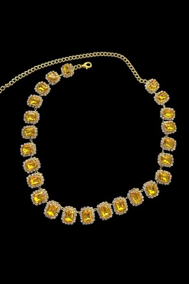 Altın Renk Sarı Taş Detaylı Tasarım Abiye Kolye