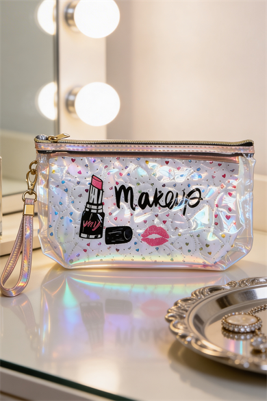 Beyaz Renk Makeup Yazılı Makyaj Çantası