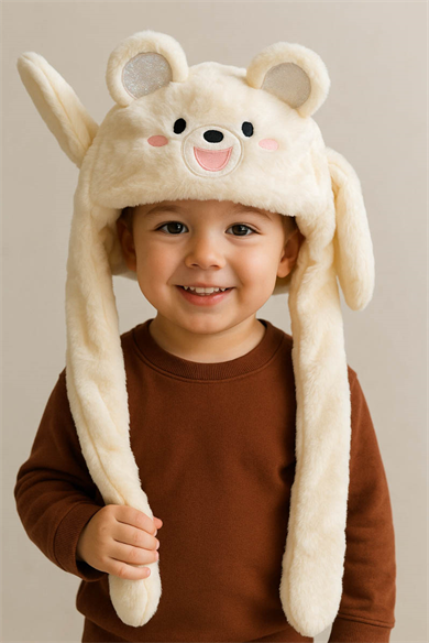 Beyaz Renk Ayıcık Figürlü Kulakları Oynayan Peluş Şapka