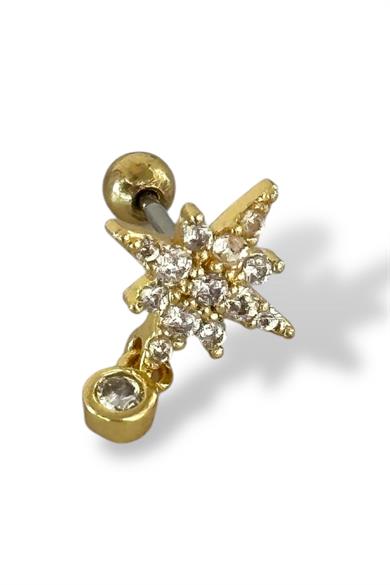 Altın Renk Yıldız Detaylı Taşlı Çelik Tragus/Kıkırdak Küpe/Piercing (Tek)