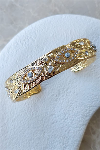 Altın Renk Göz Figürlü Taş Detaylı Çelik Kelepçe Bileklik