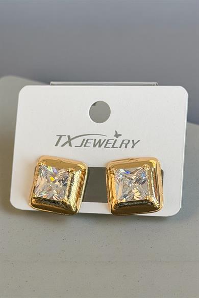 Altın Renk Kare Detay Taşlı Tx Küpe (Çift)
