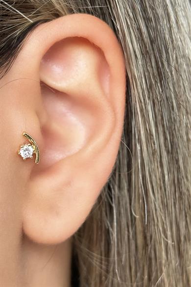 Altın Renk Taş Detaylı Çelik Tragus/Kıkırdak Küpe/Piercing (Tek)