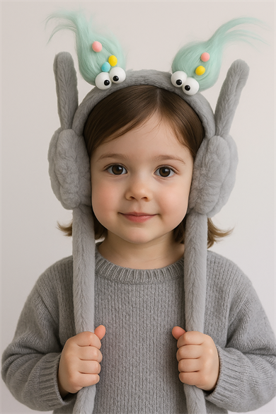 Gri Renk Canavar Figürlü Kulakları Oynayan Peluş Kulaklık