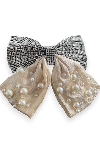 Krem Renk Kurdele Figürlü İnci Ve Taş Detaylı Otomat Toka