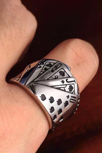 Gümüş Renk İskambil Kartı Figürlü Ayarlanabilir Çelik Erkek Yüzük