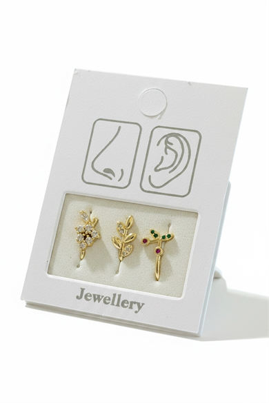 Altın Renk Karışık Figürlü Deliksiz Kulak/Burun 3lü Piercing Set