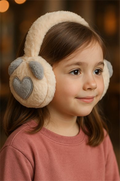 Krem Ve Gri Renk Kalp Figürlü Peluş Kulaklık